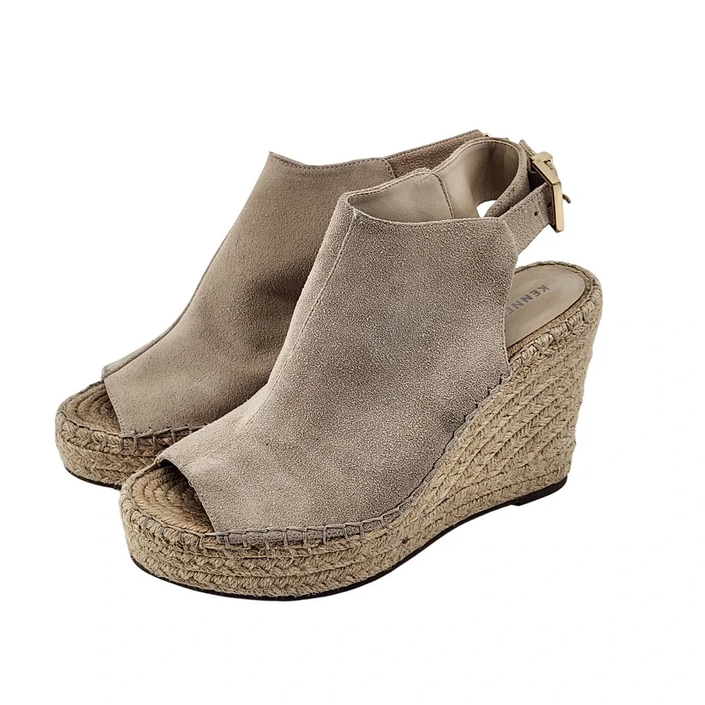 Kenneth Cole Odette Wedge Sandals Women 7.5 Tan Suede Espadrille Peep‎ Toe Boho